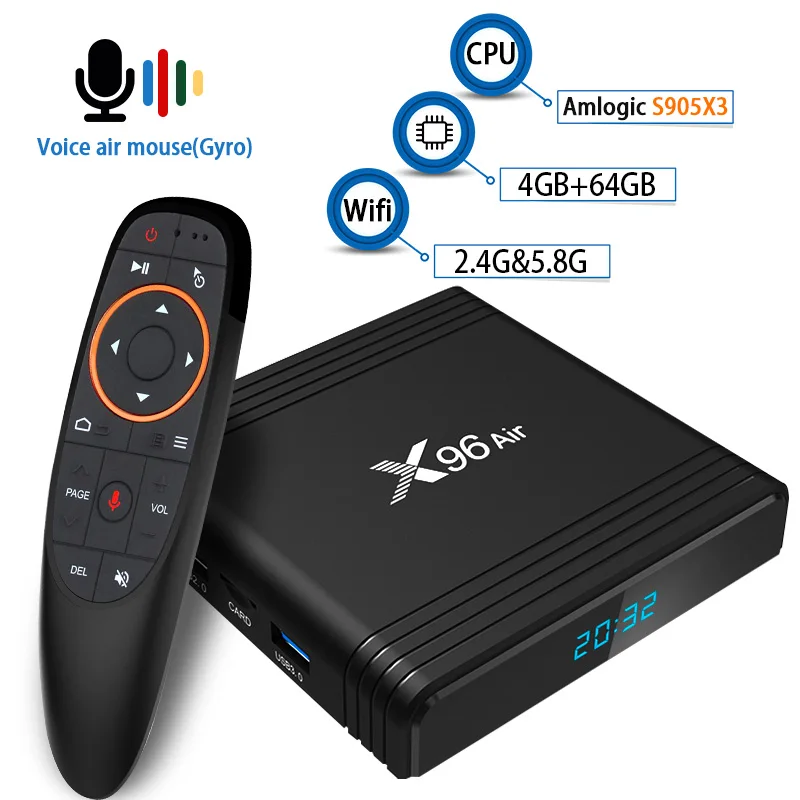 ТВ коробка X96 воздуха Amlogic S905X3 set top tv Box, Wi-Fi, Netflix Media Player голосового помощника Android 9,0 4 Гб 64 Гб оперативной памяти, 32 Гб встроенной памяти, ТВ коробка - Цвет: 4 64GB with Airmouse