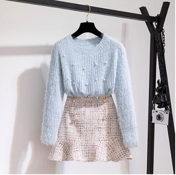 

2020 New Autumn Winter Two Piece Set Women Elegant Beading Knitted Sweater+High Waist Tweed Plaid Mermaid Skirt Ladies Outfits
