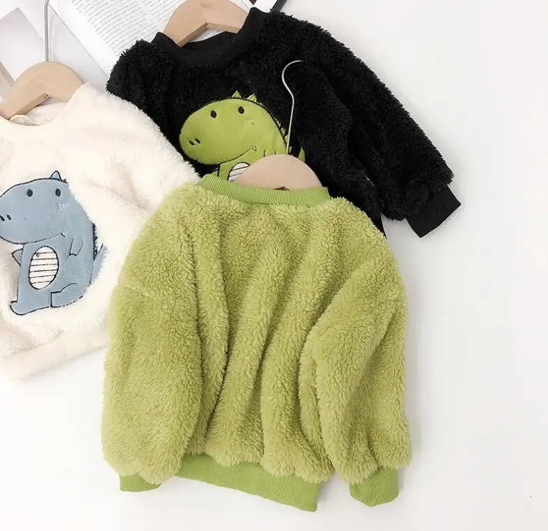 Детская зимняя одежда для маленьких мальчиков и девочек; двусторонний свитер с вышивкой в виде динозавра из овечьей шерсти; детский топ