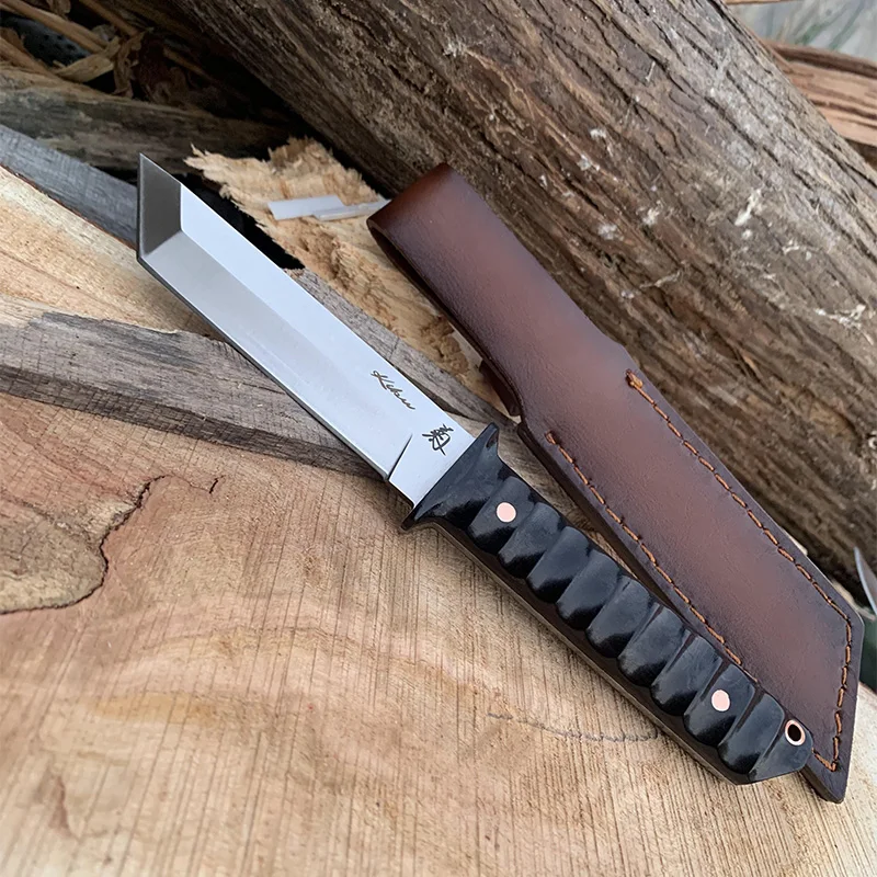 

SAMSEND Straight knife 440C Outdoor Tactical defense tool Knife bag with leather cover