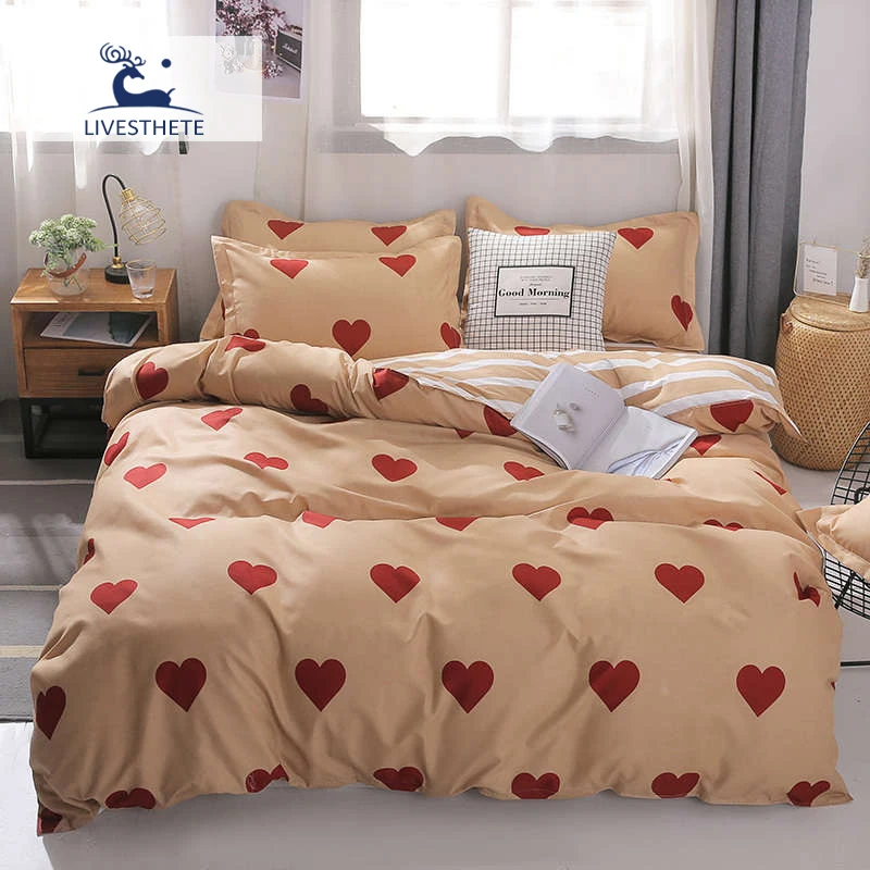 

Liv-Esthete Bedding Set Love Heart Solid Color Bedspread Gift US Double Duvet Cover Striped Flat Sheet Pillowcase Bed Linen Set