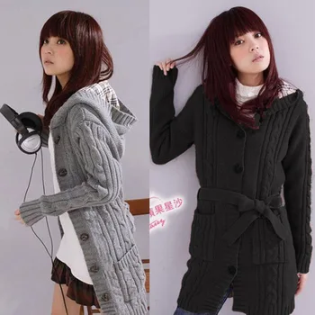 

Winter Knit Woman Sweater Long Sleeve Knit Coats Hooded Cardigan Thick Korean Style Sweater