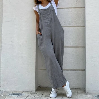 

2020 Vintage Cotton Jumpsuits Retro Jumpsuits PlaysuitsWomen Suspender Rompers Overalls Playsuits Long Pockets Wide Leg Pants
