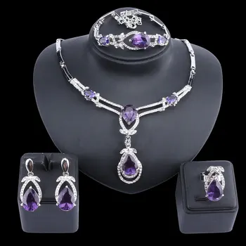 

Fashion Wedding Gift Jewelry Silver-plated Color Water Drop Shape Crystal Earrings Necklace Bracelet Ring Set Women Nice Jewelry