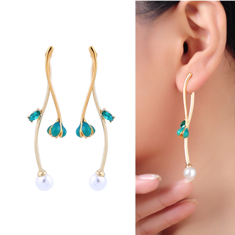 

Unique Enamel Flowers Drop Earrings For Women Lady Fashion Jewelry Branch Imitation Pearl Glass Gold Color Brass Drop Earings