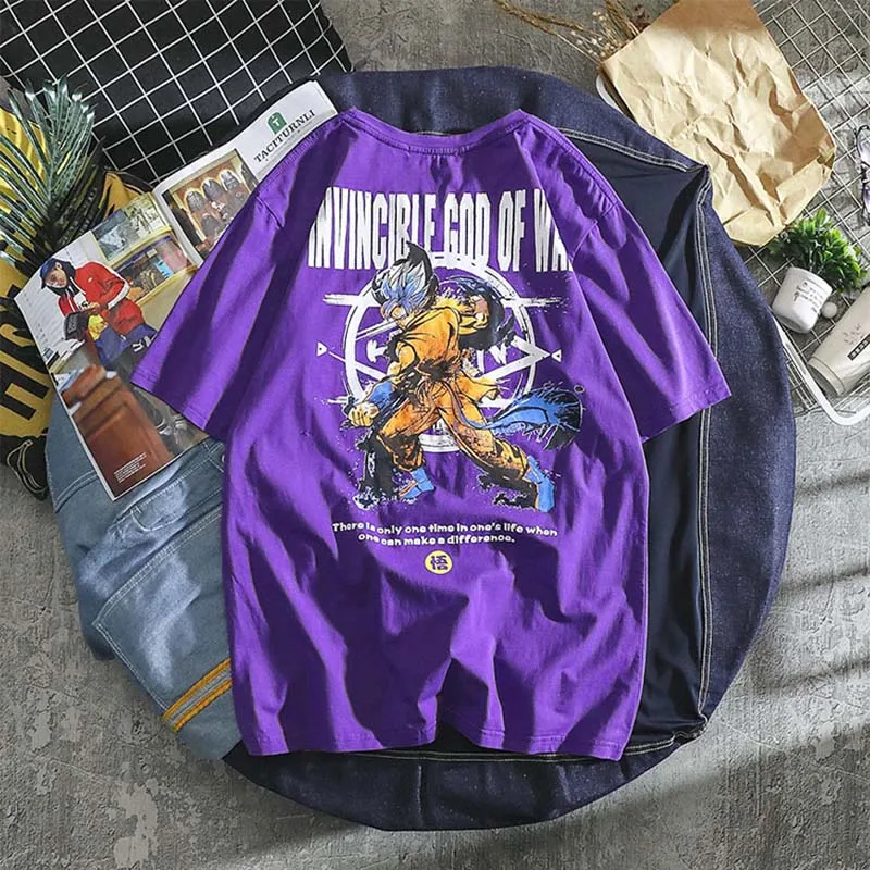 Футболка «Драконий жемчуг зет harajuku для мужчин мультфильм футболка Goku»; хлопковая фиолетовая японские рубашки уличный стиль мужской Аниме одежда подарок для детей