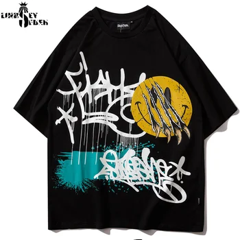 

Lindsey Seader Hip Hop Smile Face Graffiti Print Tshirts Streetwear Hip Hop Harajuku Loose Fit Short Sleeve Tees Top Men T-Shirt