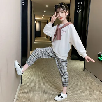 

Kids clothing suit for teen girls autumn Long-Sleeve Hooded Shirt Top Plaid Pants children's Clothes fashion Outfits 4 10 years