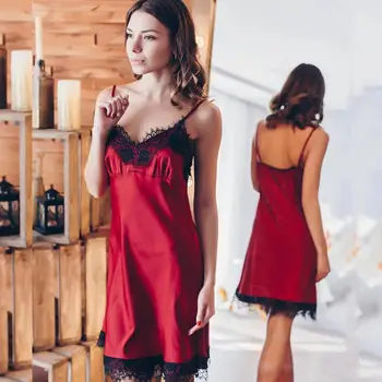 

Lace Deep V-neck Nightdress Sexy Lingerie Nightgowns Sleepwear Night Dress Women Sleeveless Nightwear Faux Silk Satin Nightshirt