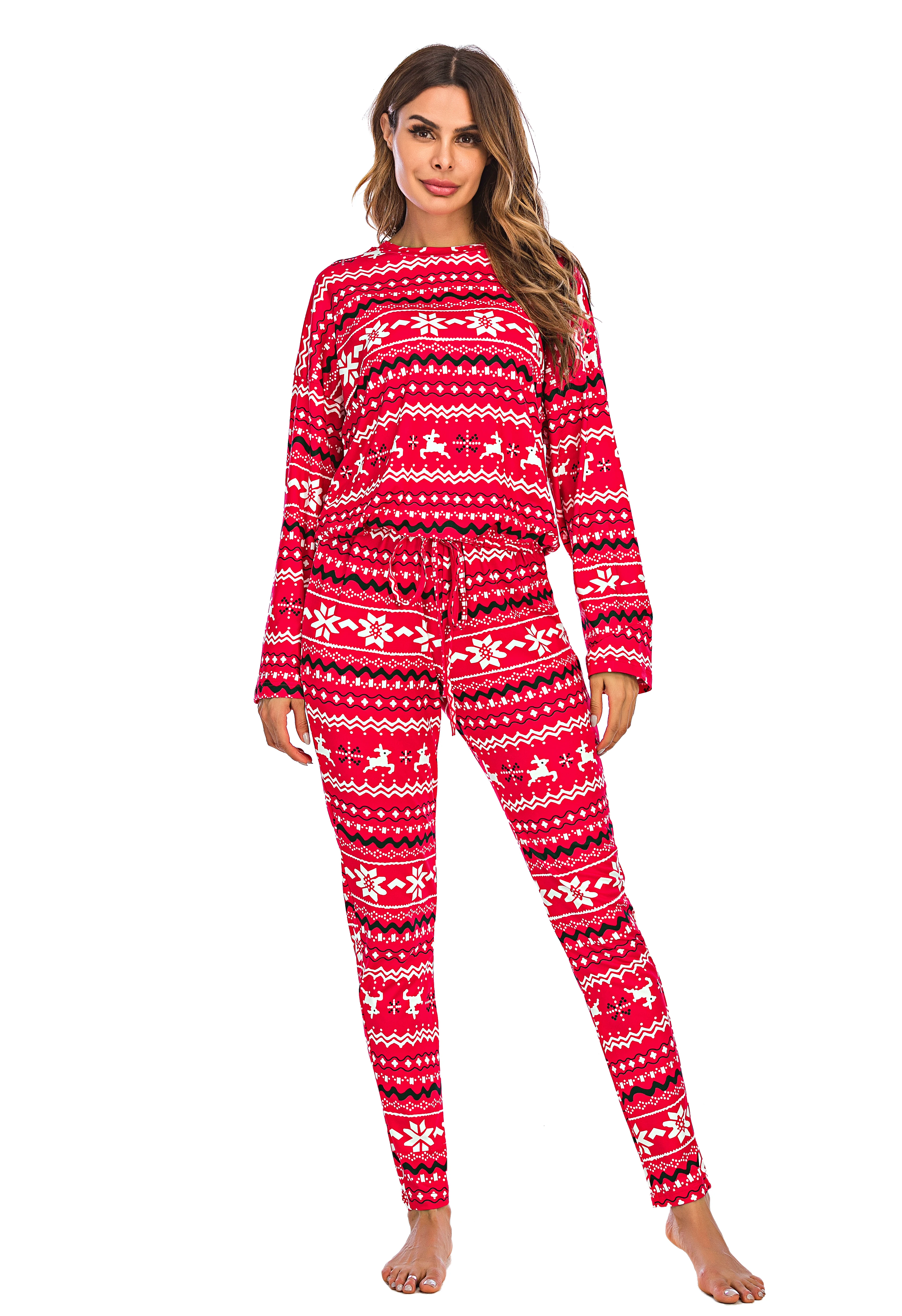 

WomenÂ´s Sleep Top Christmas long sleeve high waist casual Shorts Suit O-neck Snowflake Elk Print Loose Elastic Home Clothes S-XL