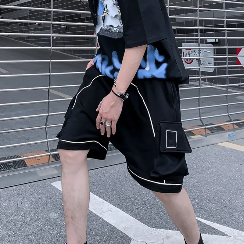 Mens Summer New High Street Cargo Shorts Elastic Waist Adjustable Waist Korean Hip Hop Loose Casual Sports Knee Length Shorts mens casual summer shorts