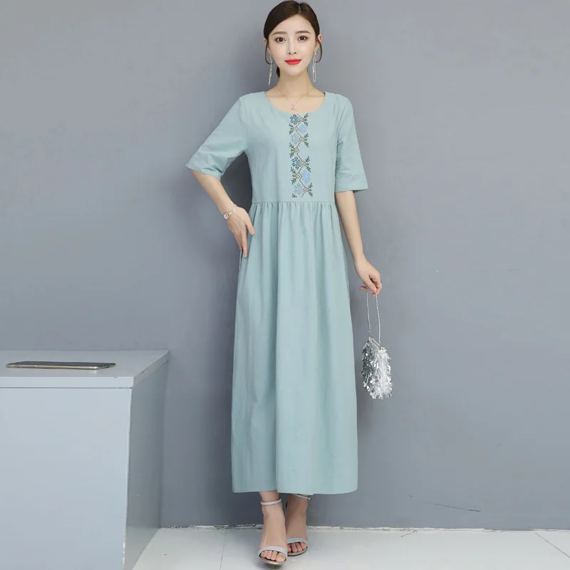 

2019 Summer New Style Cotton Linen Embroidery Crew Neck Big Hemline Solid Color Short Sleeve Large Size Literature And Art Dress