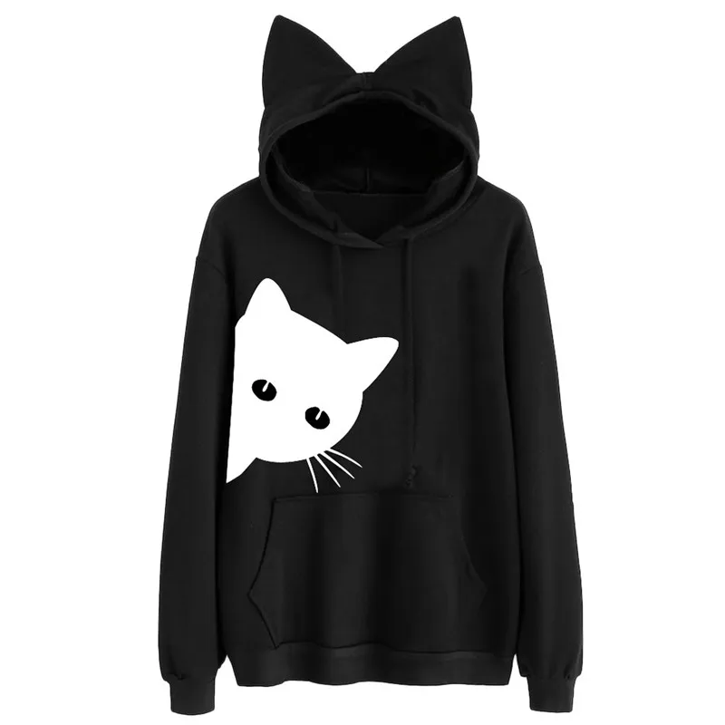 Женские повседневные толстовки с капюшоном и кошачьими ушками, длинные рукава, карманы, необычный Топ, блузка, женские толстовки K50 - Цвет: Черный