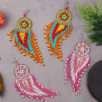 

Boho Handmade Multi Color Beaded Long Tassel Big Drop Earrings For Women Trendy Acrylic Statement Fringe Earring Luxury Jewelry