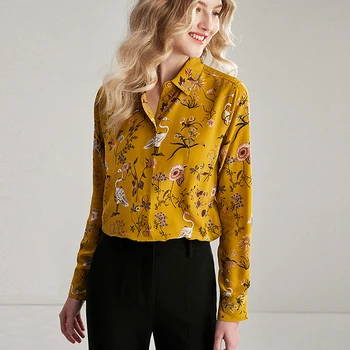 

100% Silk Blouse Women Shirt High Quality Floral Print Vintage Long Sleeves Casual Tops Elegant Style New Fashion
