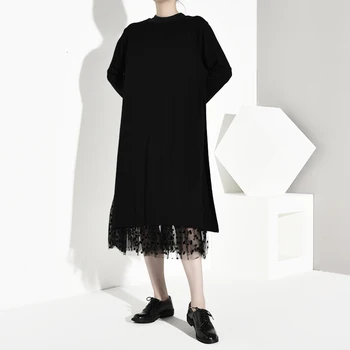 

2020 Spring Autumn New Style Black Dot Mesh Patchwork Split Dress Casual Loose Long Sleeve Round Neck Pullover Dress Plus Size