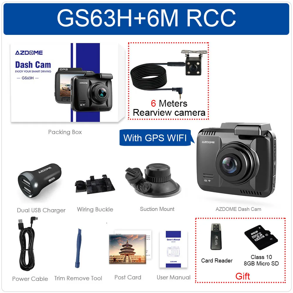 AZDOME GS63H 4K Встроенный gps WiFi Автомобильный видеорегистратор DashCam для транспорта, с двумя объективами 6/10 метров камера заднего вида видеокамера ночного видения - Название цвета: GS63H-6M RCC