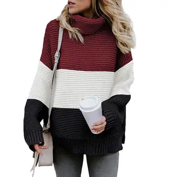 

2020 Women Autumn Color Block Long Sleeve Turtle Neck Loose Knit Pullover Sweater Top