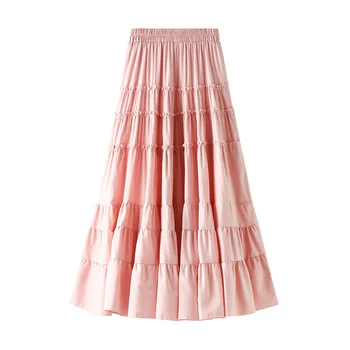 

Women Chiffon Cake Skirts Free Size Korean Style High Waist Ruffles Skirt Womens Clothing Casual Mid-calf A-line Midi Skirts