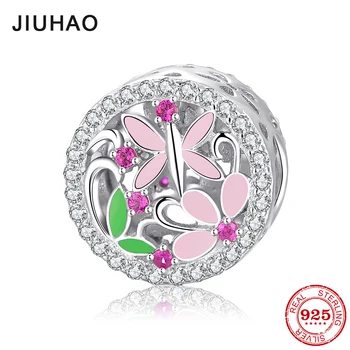 

Close to nature 925 Sterling Silver pink dragonfly and flower fine beads Fit Original JIUHAO Charm Bracelet Jewelry making