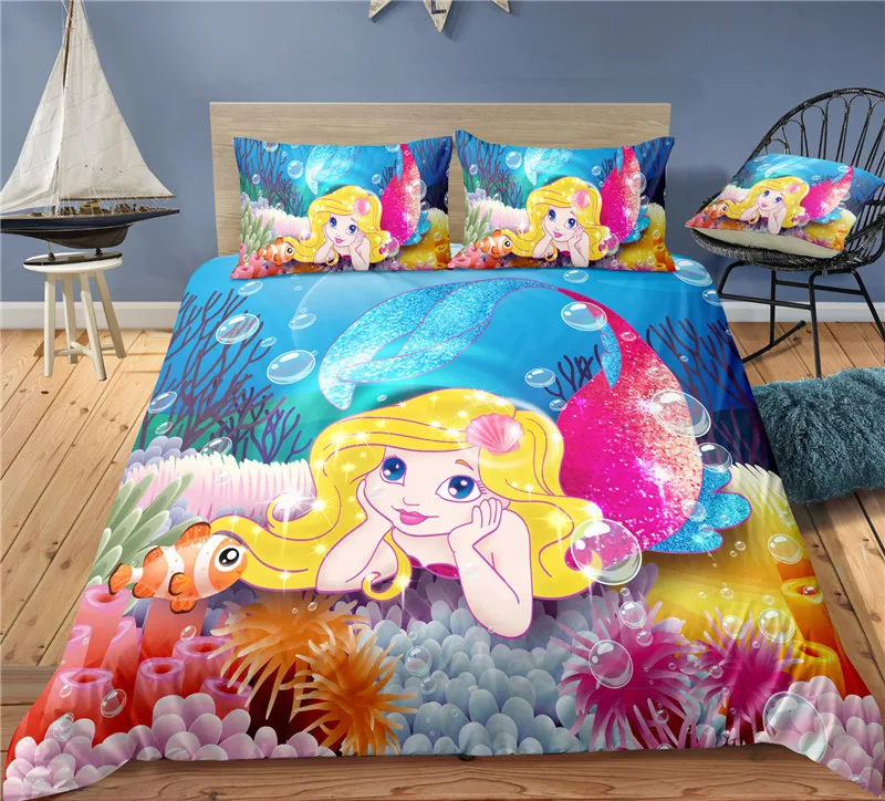

3D Print Cute Ocean Mermaid Duvet Cover with Pillow Cover Bedding Set Single Double Twin Full Queen King Size Colorful Bed Set