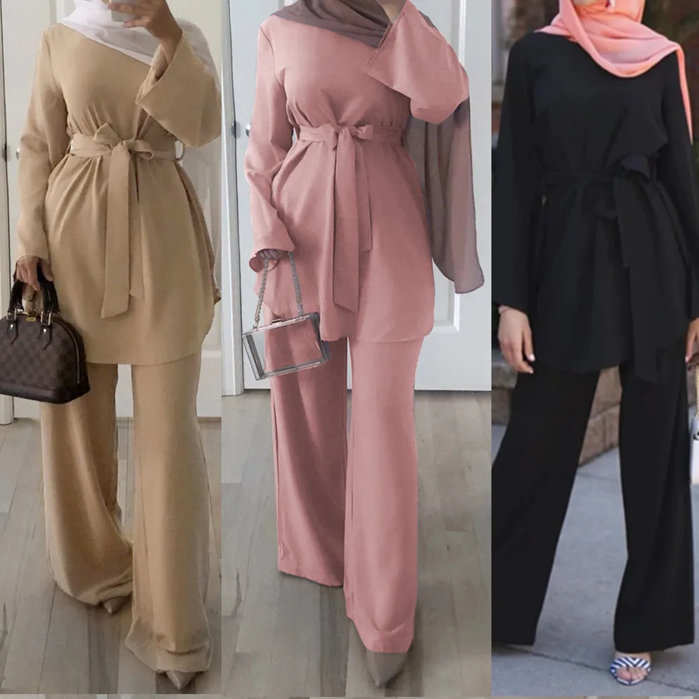 WEPBEL Solid Color Pullover Top + Full Length Pants High Waist Fashion Muslim Clothing Set |