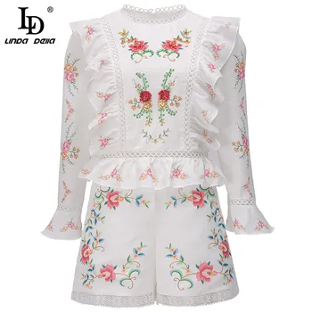 

LD LINDA DELLA Autumn Fashion Two Piece Set Women Designer Vintage Elegant Flared Sleeves Beading Blouse and Shorts Print Suits