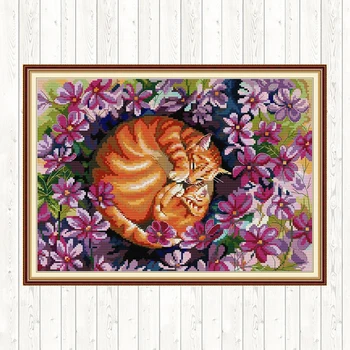 

Cat In Flowers Joy Sunday Cross Stitch Kits Printed Fabric 14CT Counted Canvas Handmade Cross Stitch Embroidery Kit Needlework