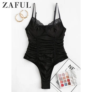 

ZAFUL Sexy Women Bodysuits Ruched Lace Trim Underwire Bodysuit Snap Button At The Gusset Bodysuit Sleeveless Club Cami Bodysuit