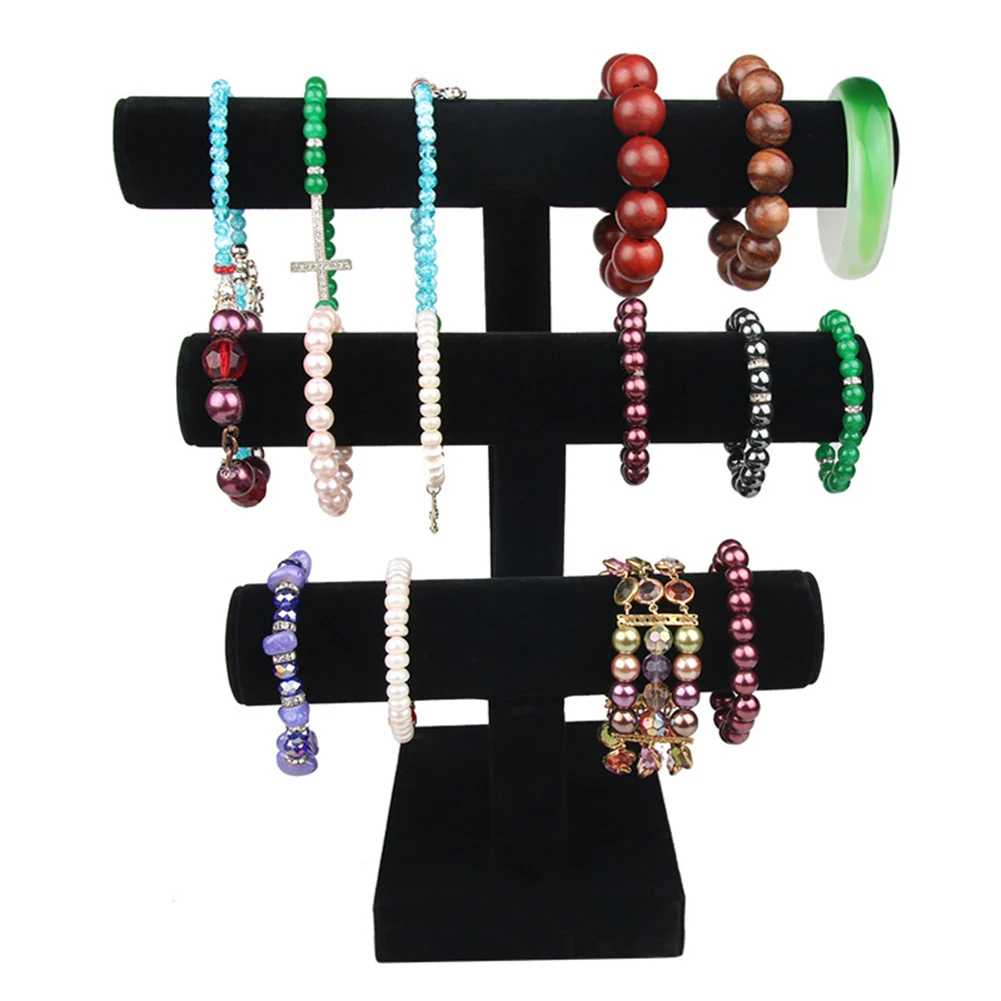 

Portable 3 Tier Velvet Bracelet Bangle Necklace Display Rack Jewelry Stand Holder Watch Jewelry Organizer T-Bar Rack