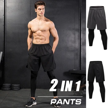 

Men's Workout Pants Running Gym 2 in 1 Compression Shorts Leggings Lined Active Tights Pants