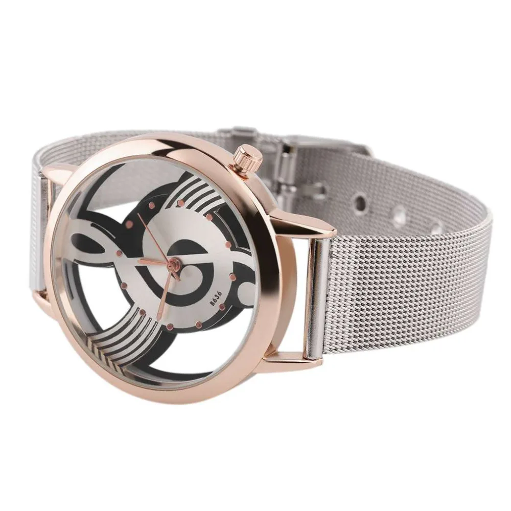 Fashion Watches Hollow Out Music Note Pattern Stainless Steel Mesh Strap Analog Quartz Wristwatch Musical Note Shape Dial