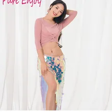 Женский костюм для танца живота Леди танец живота+ модный шарф с поясом с блестками Аксессуары для рыбьей чешуи 2шт Розовый блесток Танцевальная одежда