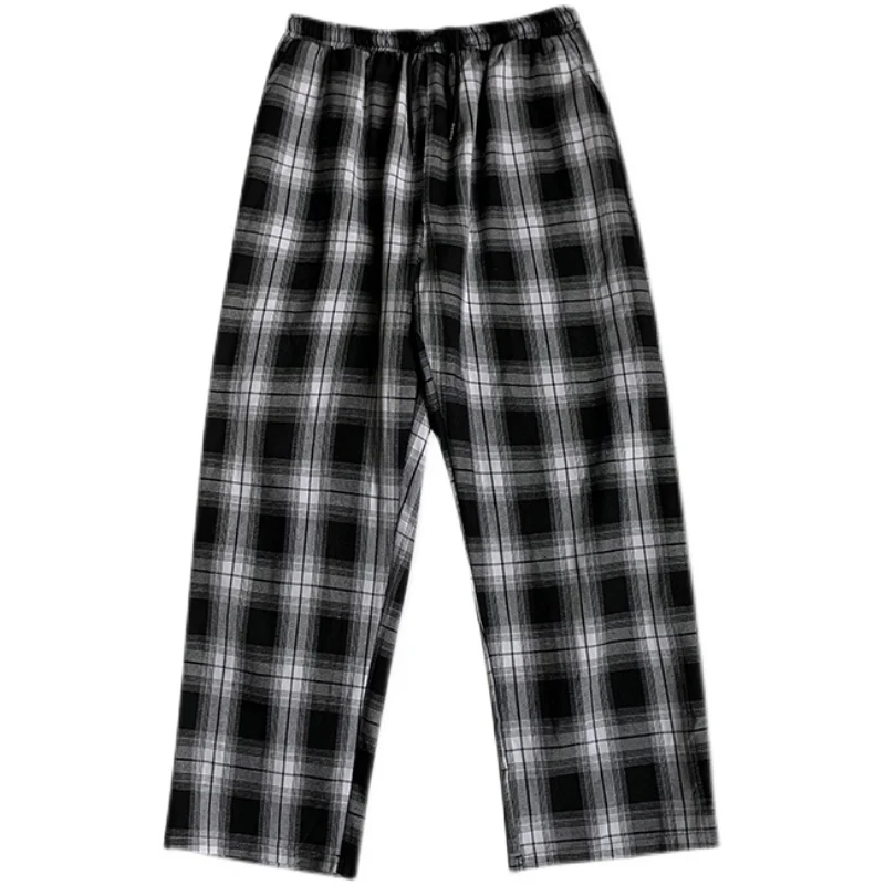 Men Wide Leg Casual Pants Plaid Ankle Length Elastic Waist
