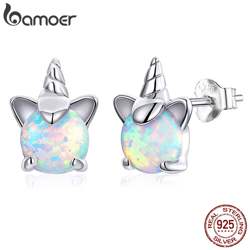 bamoer Opal Unicorn Stud Earrings For Girl 925 Sterling Silver Hypoallergenic Earings Fashion Cute Jewelry SCE737 silver earrings silver stud earrings silver needle earrings