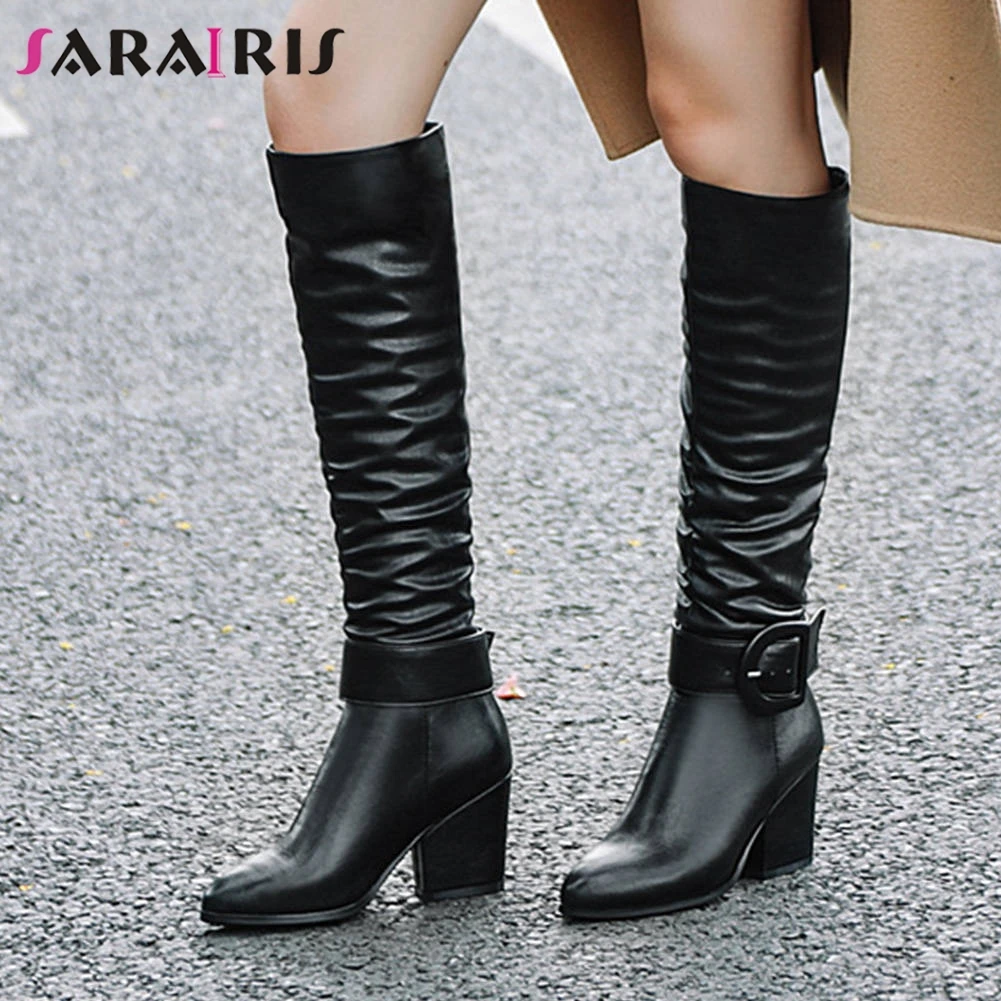 

SARAIRIS New Plus Size 32-46 Ladies Party Office Boots Women High Chunky Heels Boots Belt Buckle Pleated Mid Calf Shoes Woman