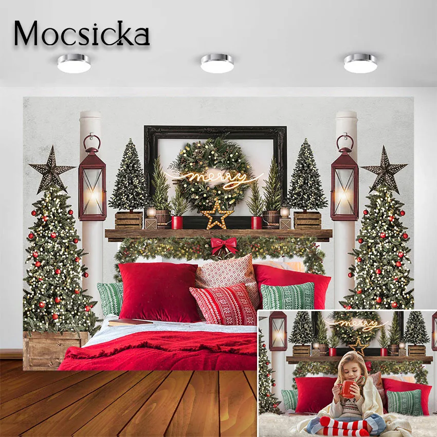 Mocsicka Christmas Bedroom Bedside Photography Backdrop Head of a Bed Xmas Background for Newborn Child Photoshoot Photocall
