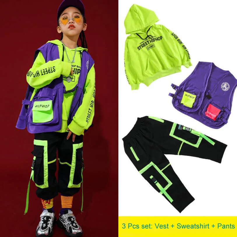 3 pcs set Для детей 6, 8, 10, 12, 14, 16 лет, свободные толстовки с капюшоном, жилет, штаны, джазовый костюм, детская Одежда для танцев в стиле хип-хоп, танцевальные костюмы для мальчиков и девочек - Цвет: 3 pcs set