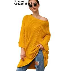 Модный однотонный длинный вязаный женский свитер 2019 длинный рукав осень зима толстый теплый карман объемный пуловер Женский распродажа
