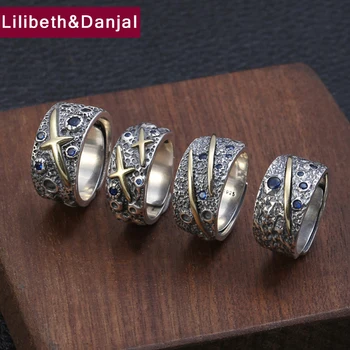 

Women Men Adjustable Ring Real 925 Sterling Silver Cross Starry sky Inlaid natural stone Ring Jewelry anillos mujer 2019 R014