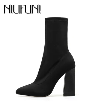 

NIUFUNI 2020 Ladies Sexy Stretch Thick High Heels Ankle Boots For Women Black Botas Spring Autumn Shoes Woman Plus Size 35-42