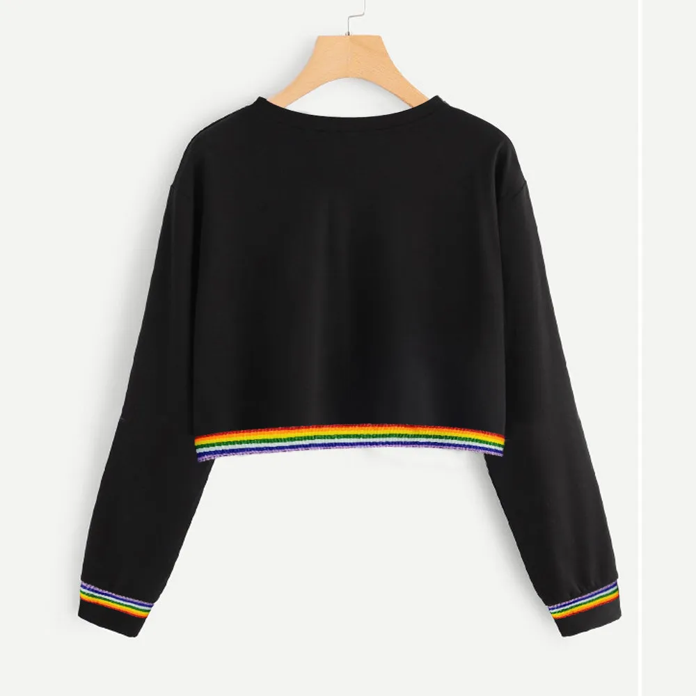 JAYCOSIN Fashion Women Autumn Casual Simple Sweatshirt Back Ribbon Rainbow Long Sleeve Comfortable Popular Soft Short Blouse