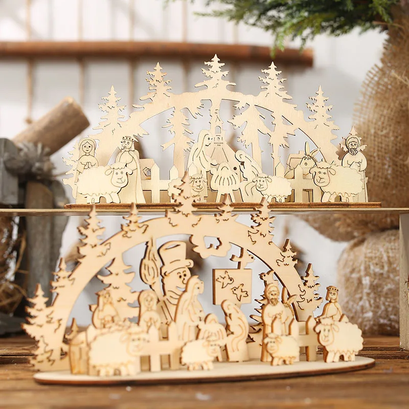 Рождественские натуральные кусочки дерева, стереоскопические круглые орнаменты DIY, креативные Мультяшные украшения ручной работы, домашний декор стола