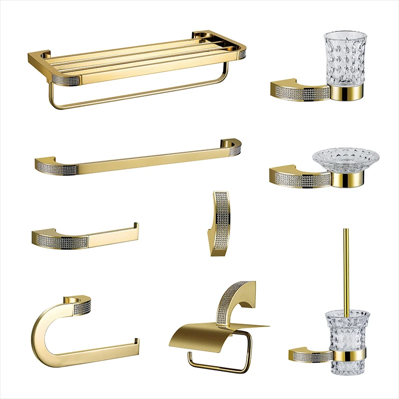 

European Luxury Crystal Gold Bathroom Accessories Set Bath Hardware Set Gold Soap Dish Wall Mounted Towel Paper Holder