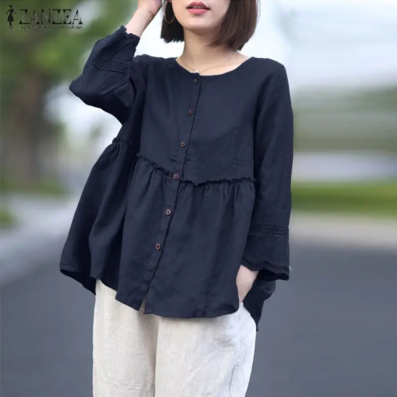 ZANZEA Solid Cotton Linen Blusas Women's Blouse Summer 3/4 Sleeve Lace Crochet Shirt Elegant Buttons Down Tops Ruffles Chemise