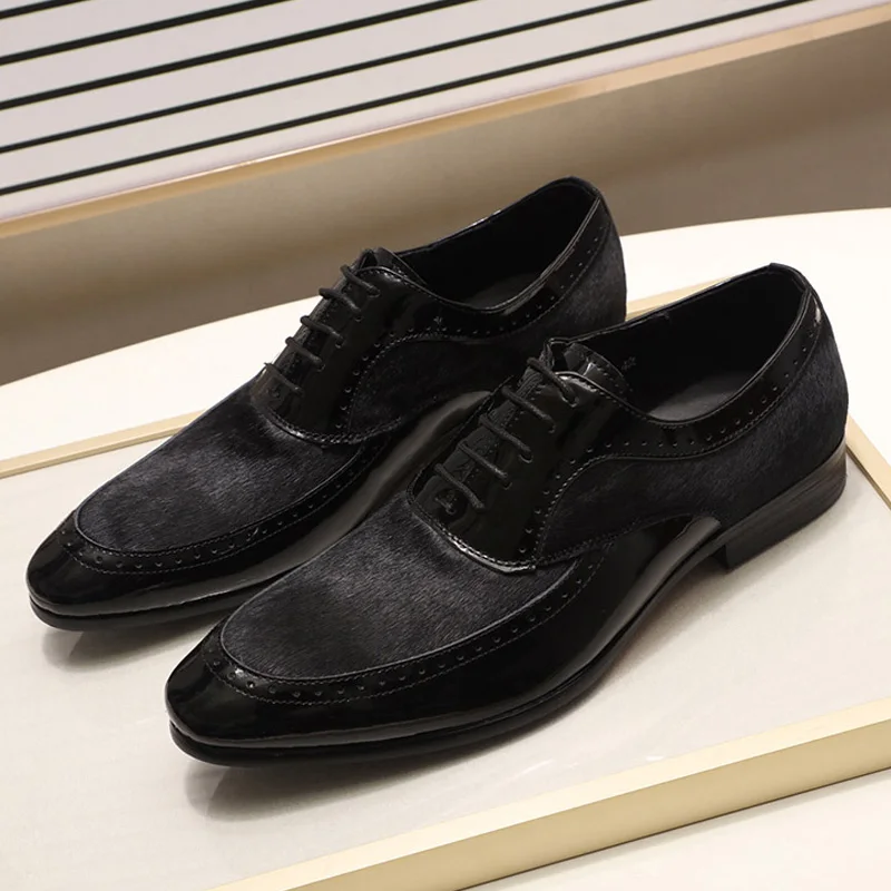 

Felix Chu Mens Dress Shoes Patent Leather with Horse Hair Black Blue Lace Up Men Oxfords Wedding Party Casual Business Footwear