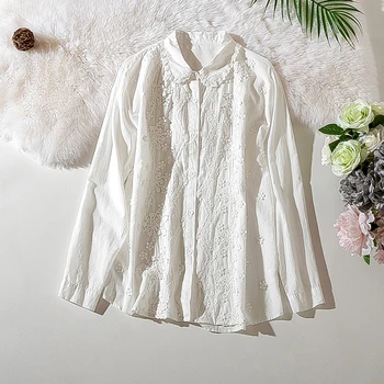 

Cthink Good Quality Soft Cotton Peter Pan Collar White Shirt Women Preppy 3D Flower Embroidery Blusas For Woman Women's Blouse