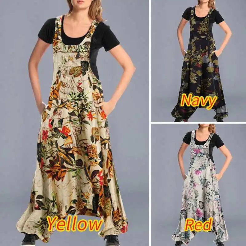 Cut Price Jumpsuits Overalls Linen VONDA Loose Suspender Floral-Bib-Pants Drop-Crotch Print Casual 1005001448716918