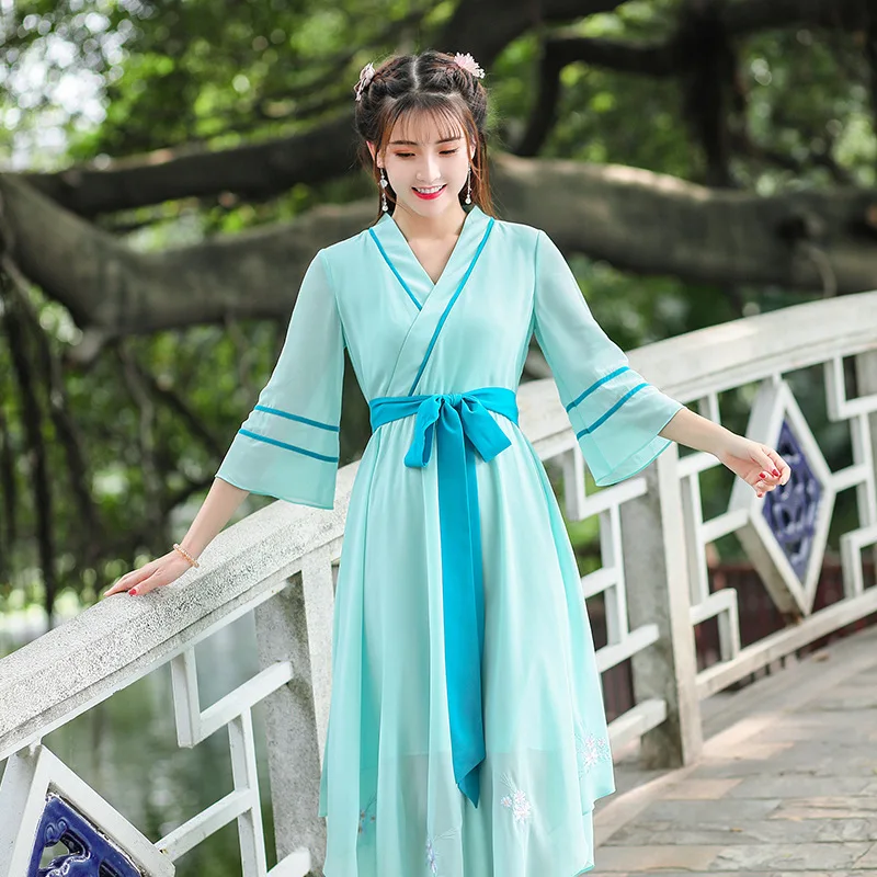 

New Style WOMEN'S Dress Retro Origional Photo Shoot Cross Collar Improved Chinese Clothing Mixed Colors Belt Embroided Dress