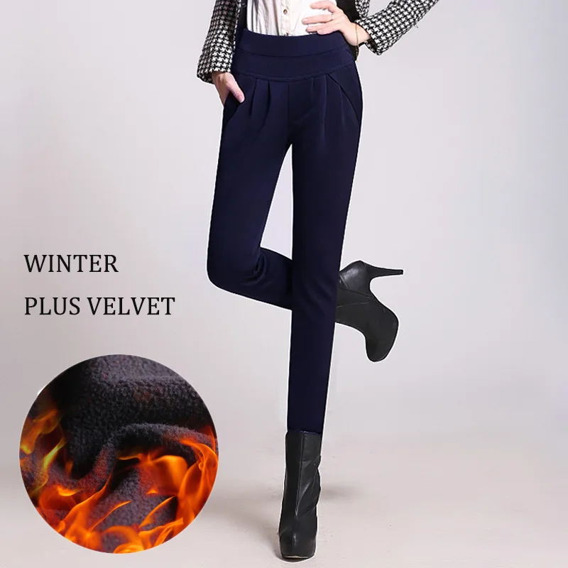 navy with velvet Новинка размера плюс женские брюки с высокой талией свободные Стрейчевые шаровары женские повседневные длинные брюки классические плиссированные офисные брюки с карманами - Цвет: navy with velvet